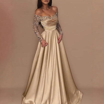 Elegant Luxurious Sequins Women Evening Dress Off Shoulder Slim Long Sleeve Autumn Party Dress Prom Formal Maxi Dresses Vestidos