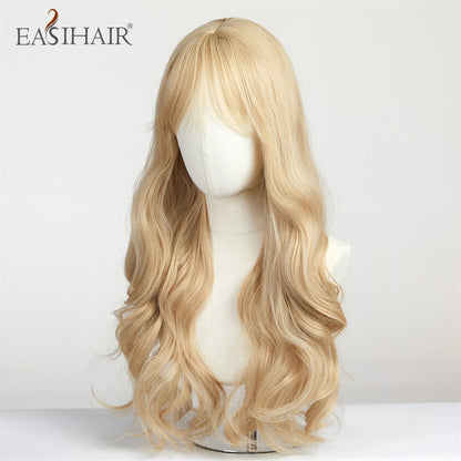 EASIHAIR Sandy Blonde Golden Wavy Synthetic Wigs with Long Bangs Cosplay Lolita Party Hair Wigs for Women Natural Heat Resistant