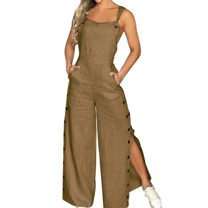 Women's Summer Sleeveless Cotton Linen Playsuits Strappy Side Button Opening Overalls Loose Long Wide Leg Pants Female Jumpsuits