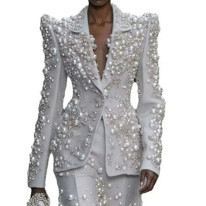 Silver Women Suit Set 2 Pcs Pearls Blazer+Straight Pants Trousers Customized Formal Office Lady Jacket Wedding Prom Coat