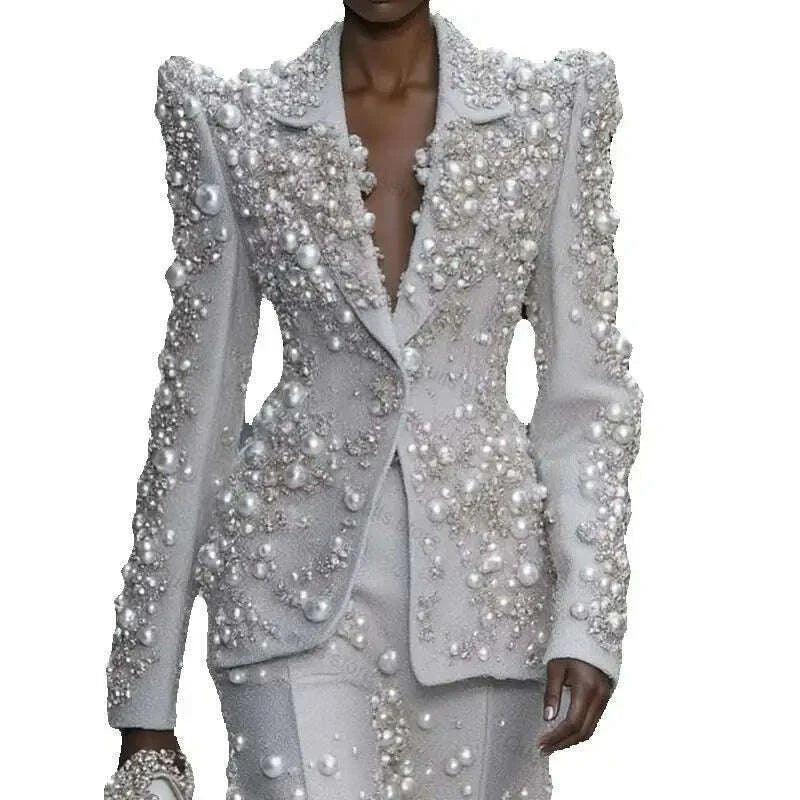 Silver Women Suit Set 2 Pcs Pearls Blazer+Straight Pants Trousers Customized Formal Office Lady Jacket Wedding Prom Coat