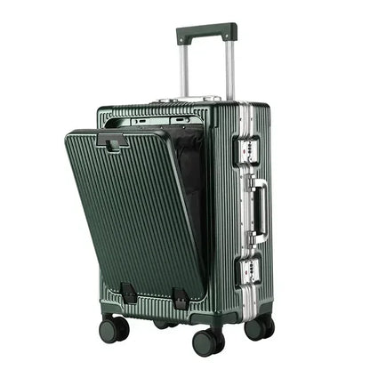 Front Opening Large Capacity Rolling Luggage Case Aluminum Frame Trolley Case USB Charging Boarding Suitcase With cup holders