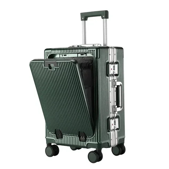 Front Opening Large Capacity Rolling Luggage Case Aluminum Frame Trolley Case USB Charging Boarding Suitcase With cup holders