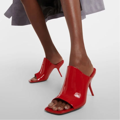 2025 New Style Women's High Heels Shoes Patent leather Pointed Toe Solid Color Night Club Party Shoes Femme Summer Half Slippers