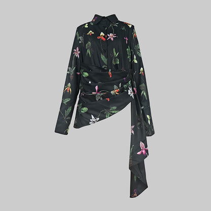 Modigirl Women‘s Elengant Shirts & Blouses Spring Autumn Long Sleeve Flower Print Asymmetric Office Daily Top Woman Clothing