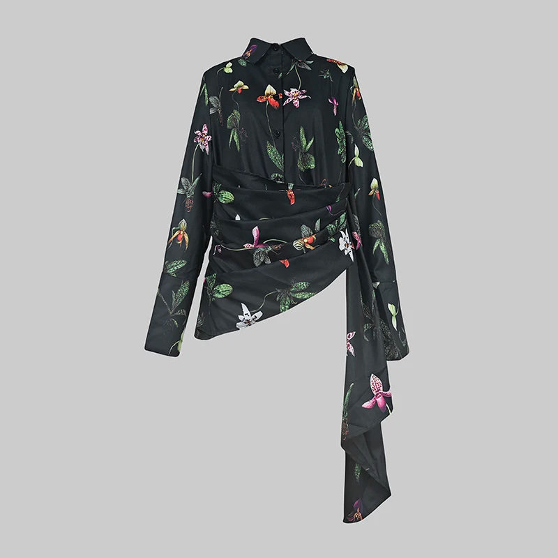 Modigirl Women‘s Elengant Shirts & Blouses Spring Autumn Long Sleeve Flower Print Asymmetric Office Daily Top Woman Clothing