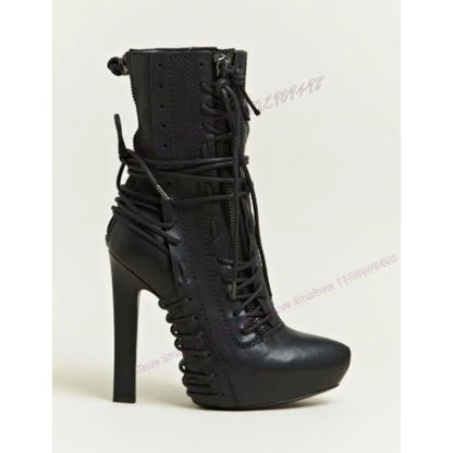 Black Matte Leather Cross Tied Ankle Boots Po inted Toe Shoes for Women Thin High Heels Sexy Lady Shoes 2025 Zapatos Para Mujere