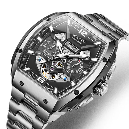 Reloj Hombre Watches Mens GELATU Top Brand Luxury Rose Black Skeleton Tourbillon Automatic Mechanical Watch for Men...