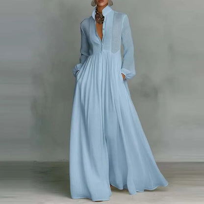 French Elegant High Waist Swing Long Dress Woman Spring Solid Pockets Pleated Maxi Dress Autumn Long Sleeve Button Evening Dress