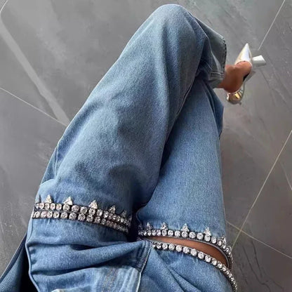 Chic Women Hollowed Out Diamonds Beaded Holes Jeans Rhinestones Straight Denim Pants Crystals Cowboy Trousers Loose Pantalones - Kimlud