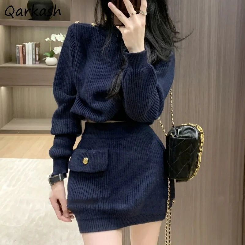 Navy Blue Dress Sets for Women Long Sleeve Tops Knitted Mini Skirts Pockets Fashion Autumn Winter High Street Ins Korean Style