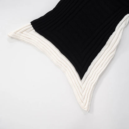 CUTENOVA Women'S Slanting Collar Off-Shoulder Collision Color Sweater Weave Slim Backless Waist Irregular Split Short Dresses