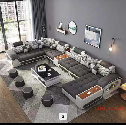 Linlamlim U-Shaped Sectional Fabric Sofa Set - Modern Living Room Furniture with Storage, Built-in Side Table, USB, and...