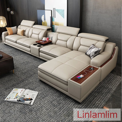 Beautify Your Living Room with Linlamlim Italian Genuine Leather Sofa - Bluetooth Speaker, Adjustable Headrests and USB...