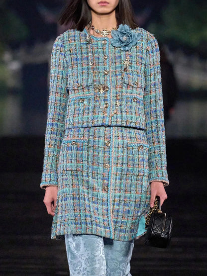 2025 New French Lady Blue Green Tweed round Neck Single Button Small Fragrance Style Jacket Vest Dress Set Casual Suit
