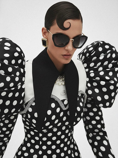 Couture Black Polka Dots Short Women Party Dresses With Crytsal Details Fashion Puffy Sleeves Mini Dress - Kimlud