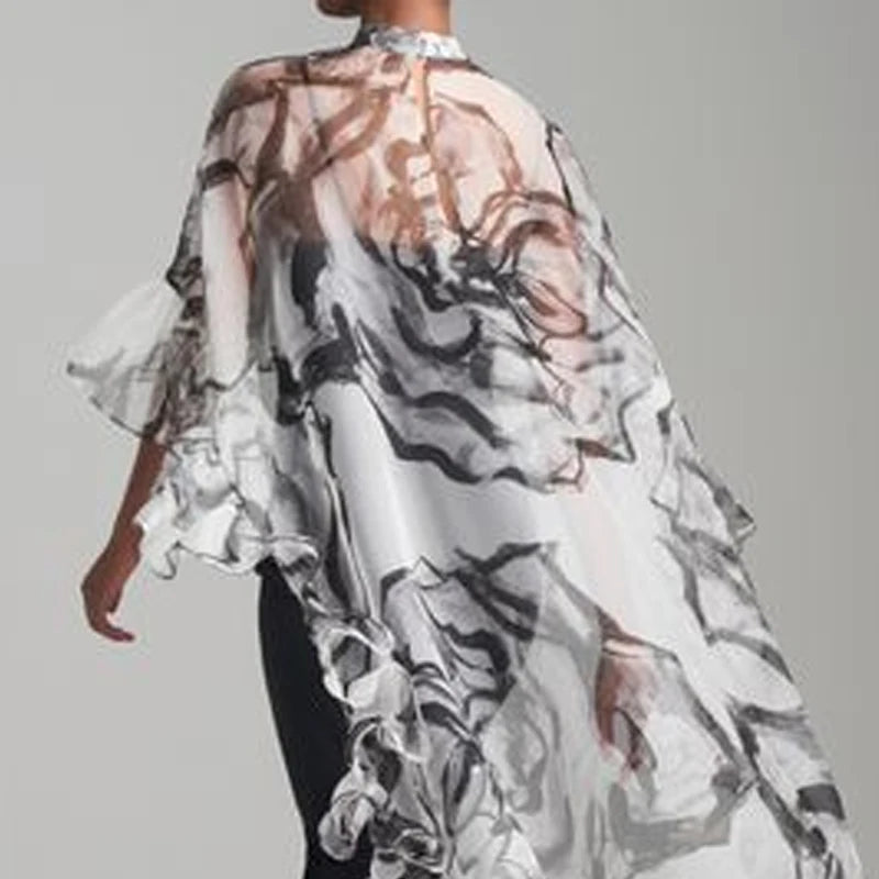 Fashion Vintage Cover-up Top Floral Flower Print Pleated See-Through Sun Protection High-low Loose Blouses Shirts Tops