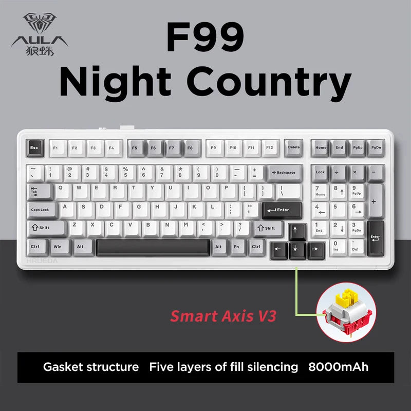 Aula F99 Pro Mechanical Keyboard Bluetooth 5.0/2.4g Wireless/Wired 100 Keys Pbt Keycaps Hot Swap Gasket Customized Game Keyboard