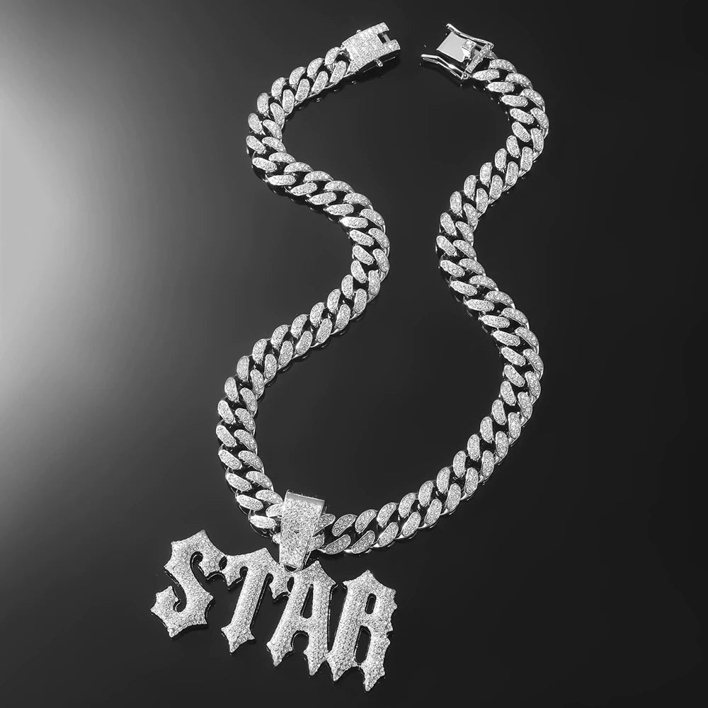 Men Women Hip Hop Letter STAR  Pendant Necklace with Cuban Chain Iced out Bling Necklaces Tennis Chain Fashion Punk Jewelry Gift