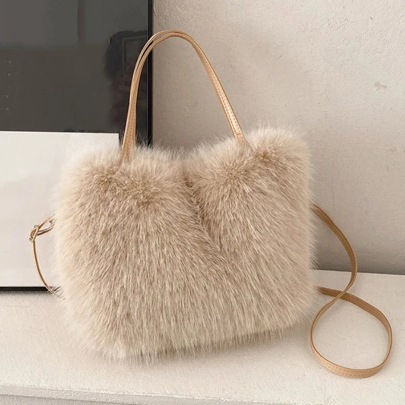 Faux Fur Tote Bag Women's Bucket Plush Luxury Design Ladies Handbags Soft Winter Crossbody Shoulder Bags Bolsa Feminina