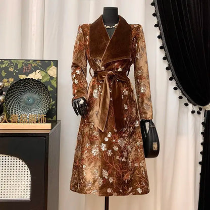 Luxury Design Women's Clothing Lapel Trench Coat Belt Sequin Embroidery Long Trench Coat High Quality Vintage Harajuku Outerwear