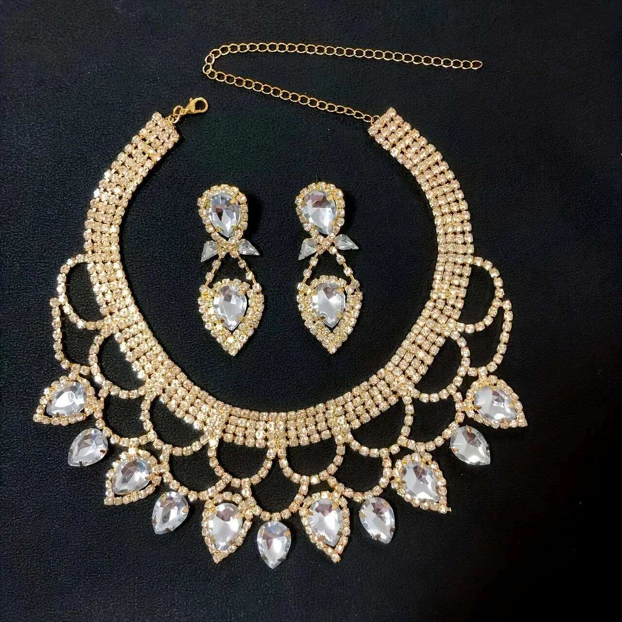 Fashionable ladies' exaggerated and exquisite handmade rhinestone necklace earring set, bride's dance dress jewelry accessories