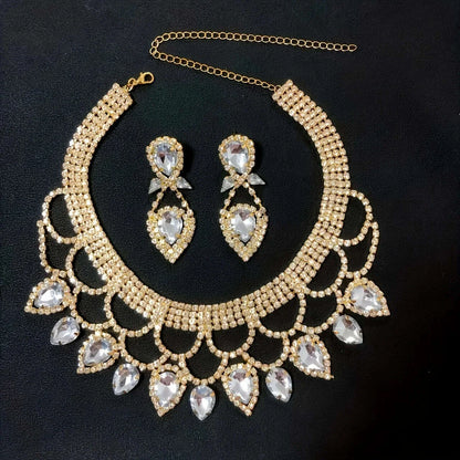 Fashionable ladies' exaggerated and exquisite handmade rhinestone necklace earring set, bride's dance dress jewelry accessories