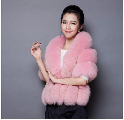 Faux Fur Fox Women Coats Shawl Cloak Coat Thick Open Stitch Elegant Maxi Warm Wedding Work Thick Outerwear Autumn Winter