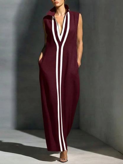 Fashion Colourblock Maxi Dress Women Casual Deep V-neck Sleeveless Loose Dresses 2026 Summer Elegant Party Street Vestidos - Kimlud