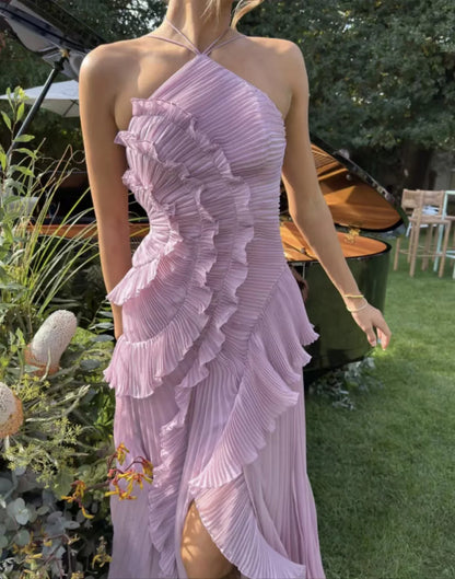 Chiffon Pleated Patchwork Sleeveless Summer Dress Women Elegant Halter Backless Split Maxi Dress Ladies Party Evening Dress 2025