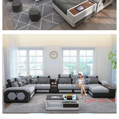 Linlamlim U-Shaped Sectional Fabric Sofa Set - Modern Living Room Furniture with Storage, Built-in Side Table, USB, and...