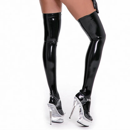 3XL Plus Size Wetlook PVC Leather Thigh High Stockings Gothic Punk Reflective Shiny Pole Dance Night Club Party Lingerie