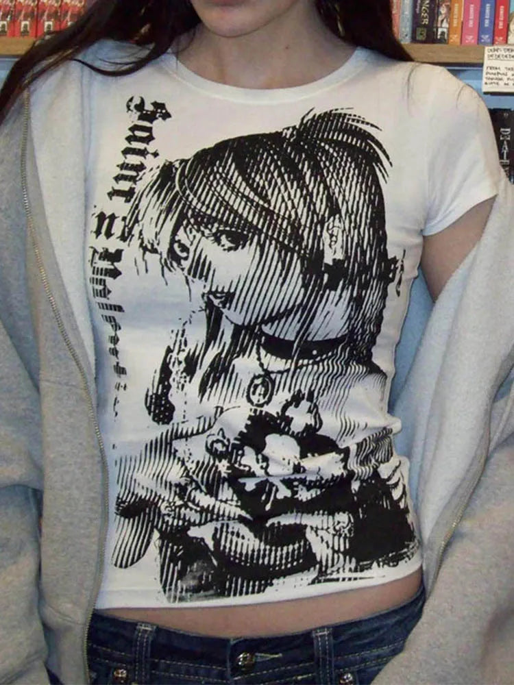 Women's Y2K Anime Streetwear O-Neck 90s Text Print Top Harajuku Vintage Crop Tee Aesthetic Emo Casual T-Shirt