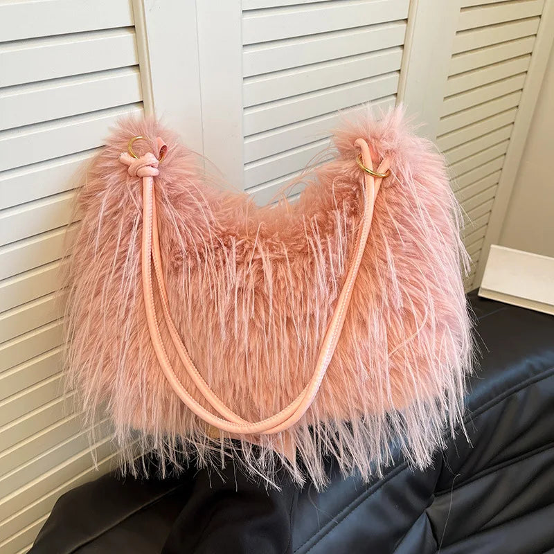 Trendy Large Capacity Plush Tote Bag Women's Crossbody Commuter Armpit Bag Street Style Fashion Soft Synthetic Leather Interior