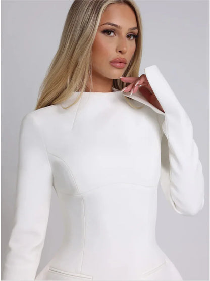 Women High Waist A-line Party Birthday Club Dresses Spring Autumn Black White Dress Luxury Long Sleeves Backless Sexy Mini Dress - Kimlud