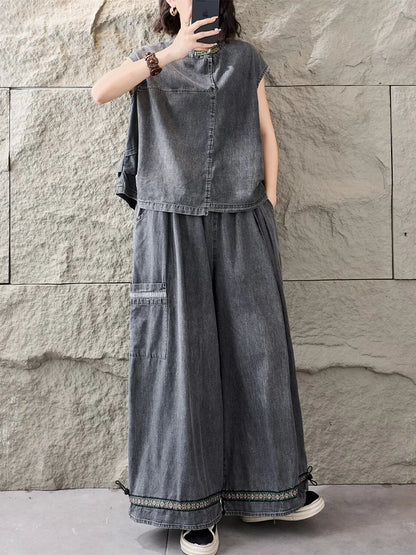 Amax LuluE Korean Summer Women Vintage 2 Pieces Sets Denim Suits Soild O Neck T-Shirts Fashion Jeans Causal Pants Loose Outfits - Kimlud