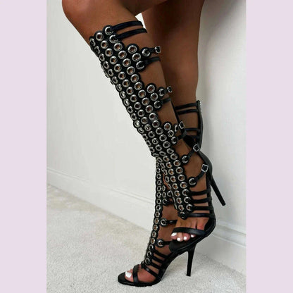 2025 Roman Gladiator sandals women knee high sandals small rivets adornment high Tong cool boots hollow out shoes summer 44