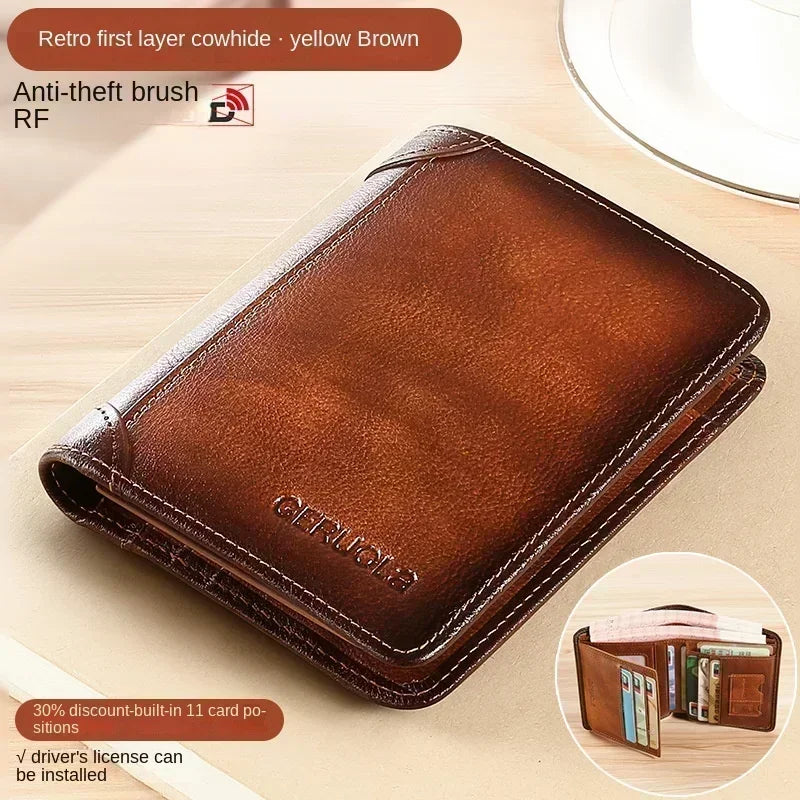 Men Wallet Genuine Leather Rfid Blocking Trifold Wallet Vintage Thin Short Multi Function ID Credit Card Holder Male Purse Money