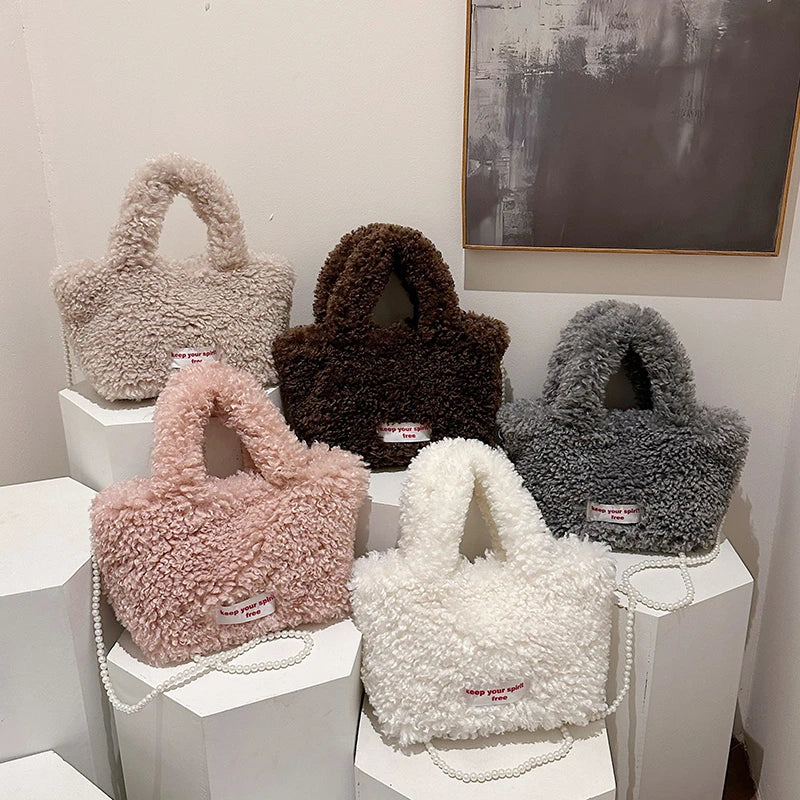 Korean Style Winter Bag Soft Fluffy Handbag Women's Bag Khaki Plush Crossbody Bag Versatile Bolsas Feminina Warm Lamb Wool Totes