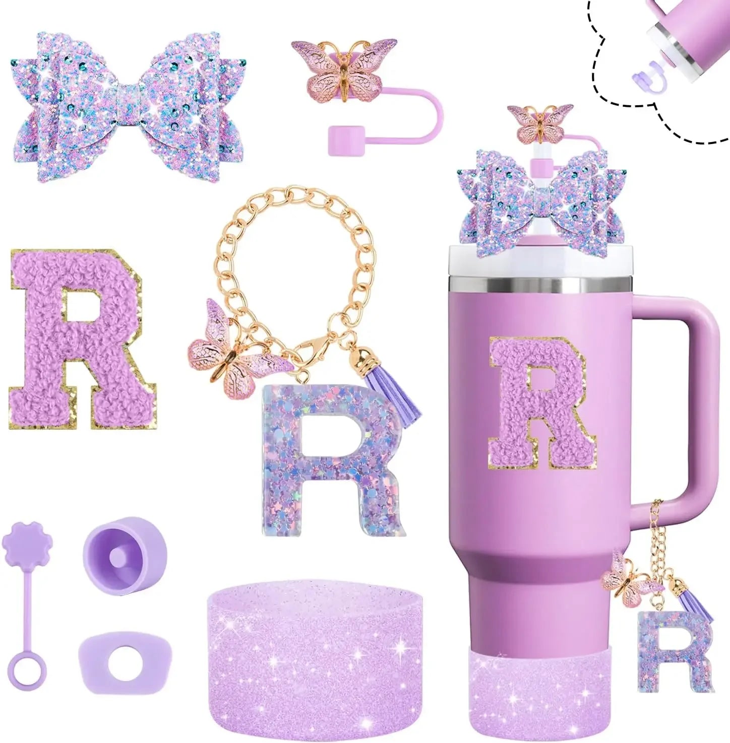 8pcs Cup Accessories Set 30oz 40oz tumbler Straw Topper Cover, Boot, Spill Proof Stoppers, Handle Charms Sticker for Stanley Cup