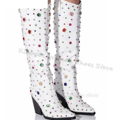 Bordered Rhinestone Knee High Boots Glossy Genuine Leather Cowboy Fashion Concise Sexy Elegant Women Shoes Pointy Chunky Heels