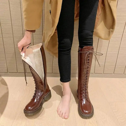 Krazing Pot Vintage Cow Split Leather Wool Snow Boots Winter Keep Warm Round Toe Cross-tied Med Heels Platform Thigh High Boots