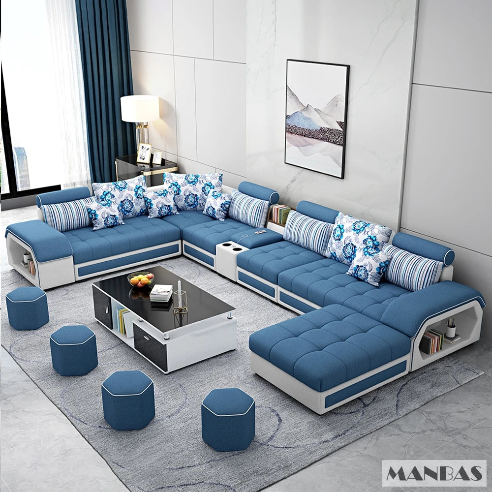 MINGDIBAO Fabric Sofa Set Furniture Living Room Sofa Set with USB and Stools / Big U Shape Cloth Couch Sofas for Home...