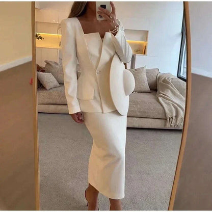 Elegant BlazerCoat Skirt Set Women Double Breasted Square Collar Slim Jacket And Midi Skirts Suits 2 Pieces Office Chic Outfits