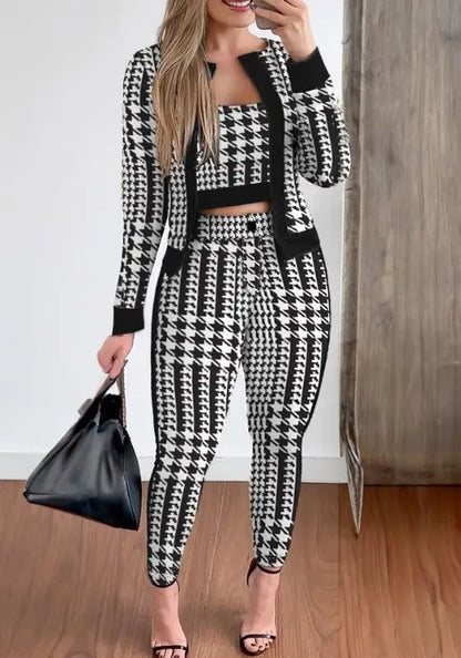 Fashion Slim Print Suit For Women Short Style Vest Long Sleeve Cardigan Elastic Waist Trousers Three-piece Set 2024 Autumn New
