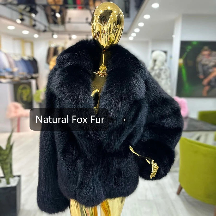 New Fox Fur Jackets For Woman Natural Fox Fur Coat With Turndown Collar Black Fur Jacket For Women