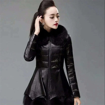 2025 Winter New PU Leather Jacket Faux Fur Coat Women's Thick Warm Cotton Jacket Long Slim Oversize Leather Coat Fur Collar Coat