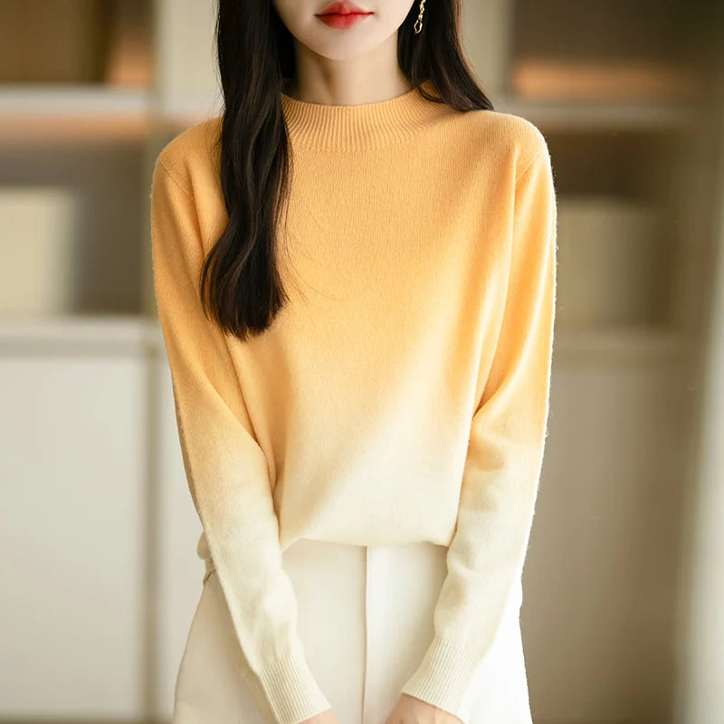 Women New Fine Wool Thickening Sweater Outwear Gradient Mock Collar Pullover Autumn Winter Bottoming Casual Warm Knitting Tops