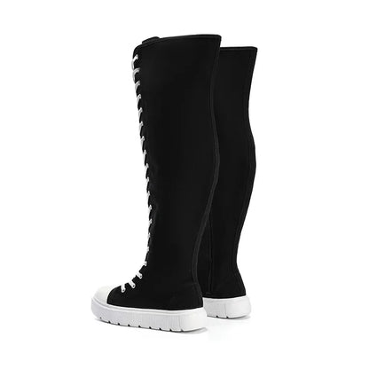 Plus Size Women's Canvas Boots Spring Autumn High Top Side Zipper Simple Long Tube over Knee Shoes Flat Heel Adult Footwear