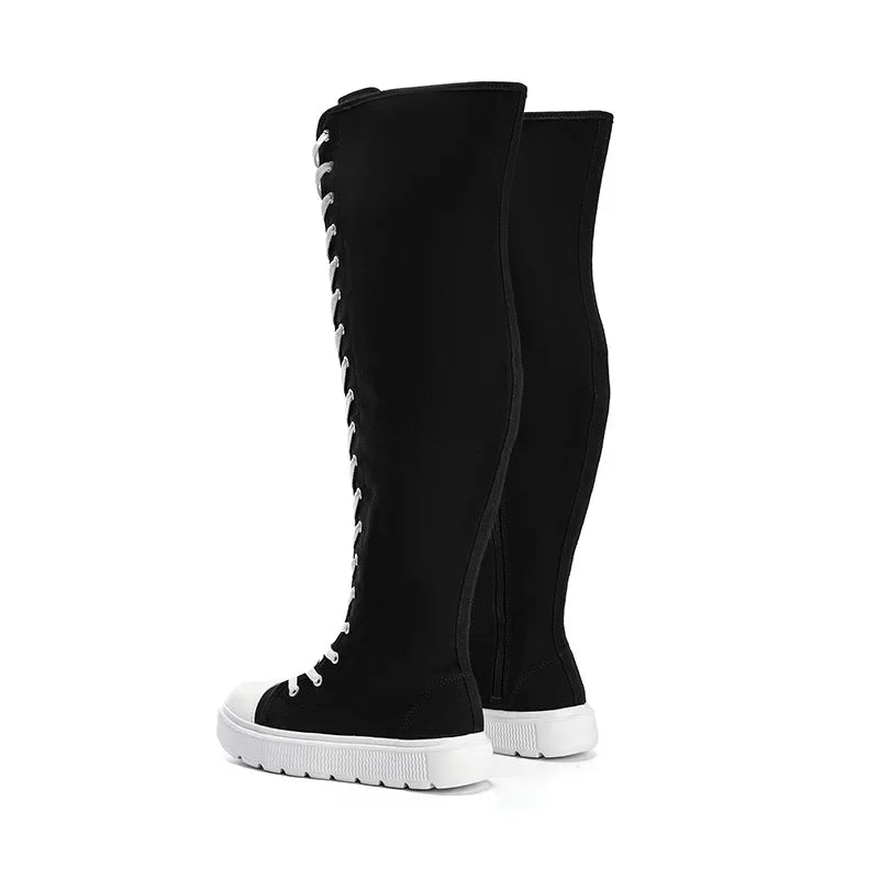 Plus Size Women's Canvas Boots Spring Autumn High Top Side Zipper Simple Long Tube over Knee Shoes Flat Heel Adult Footwear